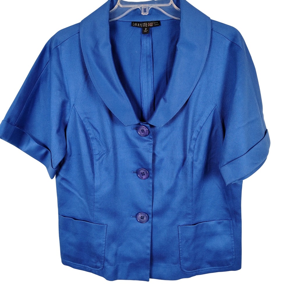 Lafayette 148 Womens SZ 12 Short Sleeve Blazer Royal Blue Cotton Lyocell Office